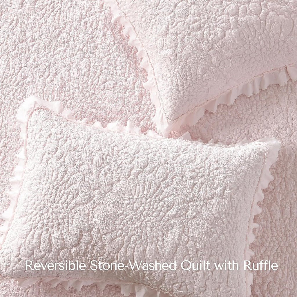 Pink Ruffled Quilt Twin, Stone-Washed Microfiber Lightweight Crinkled Farmhouse Rustic Shabby Chic Bedding Set, 2 - Set of 2