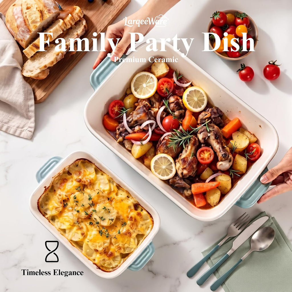 Ceramic Dish Set, 3+1QT Casserole Dish, Lasagna Pan 2Pack | Premium Durable Lead-free Glaze, Elegant Teal Easy clean