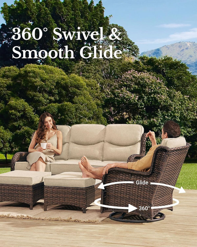 Luxury Outdoor Patio Furniture Set with 6-Inch Thick Cushions | High Back Wicker Swivel Rocker Chairs, 7 Pcs All