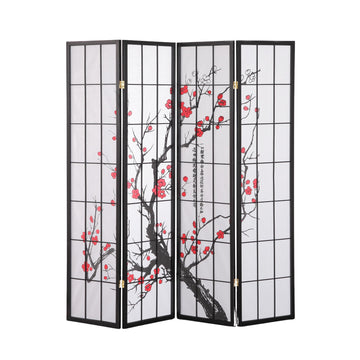 Black Japanese 4-Panel Screen Room Divider, Plum Blossom