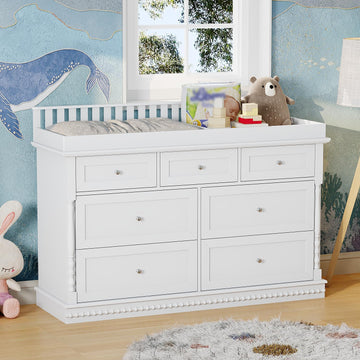 56.5" Baby Dresser with Removable Changing Table Top, Large White Dresser with 7 Storage Drawers, Baby Changing