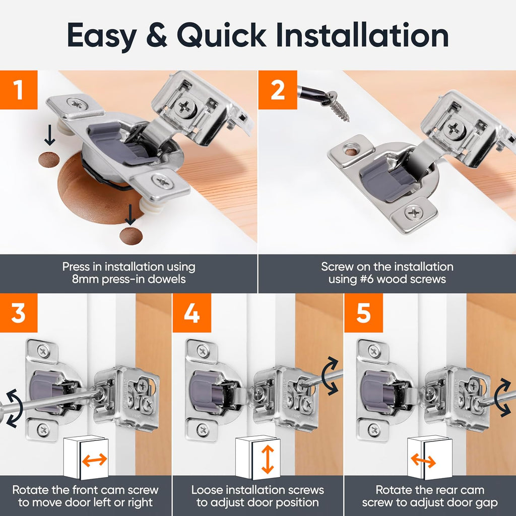 50 Pack Soft Close Cabinet Hinges 1-1/4" Overlay Doors, Slow Self-Closing Concealed Hidden Hinges for Face Frame