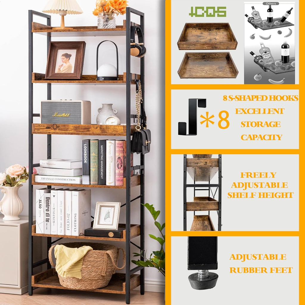 Adjustable 6 Tier Open Bookcase, Rustic Farmhouse Book Shelves, Industrial Wood and Black Metal Bookshelves