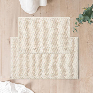 Chenille Bath Rugs Set 2 Pieces, Cream White, 17''x24''+20''x32'' | Non-Slip Bathroom Mats Set, Absorbent Fiber