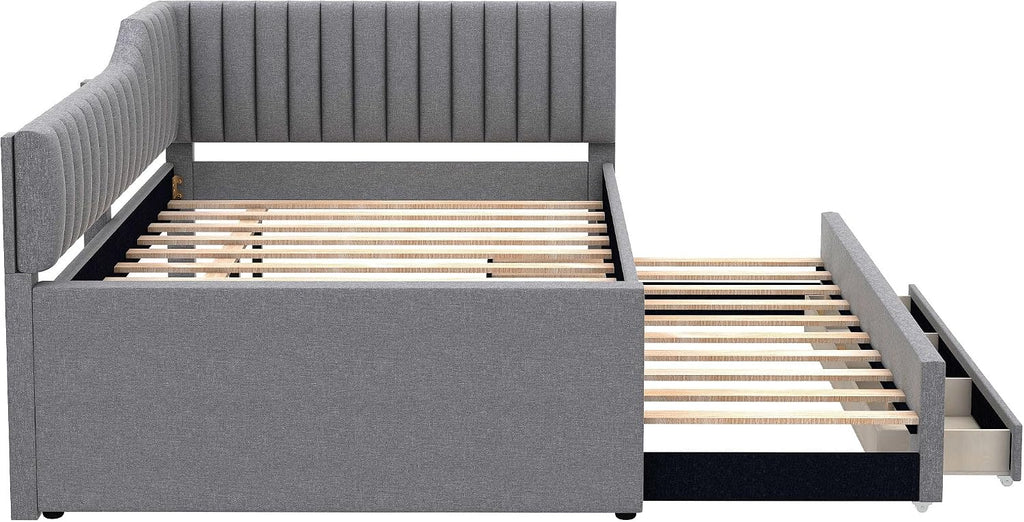 Full Size Daybed with Pull Out Trundle and Three Storage Drawers, Linen Upholstered Day Bed Frame with Wood Slats