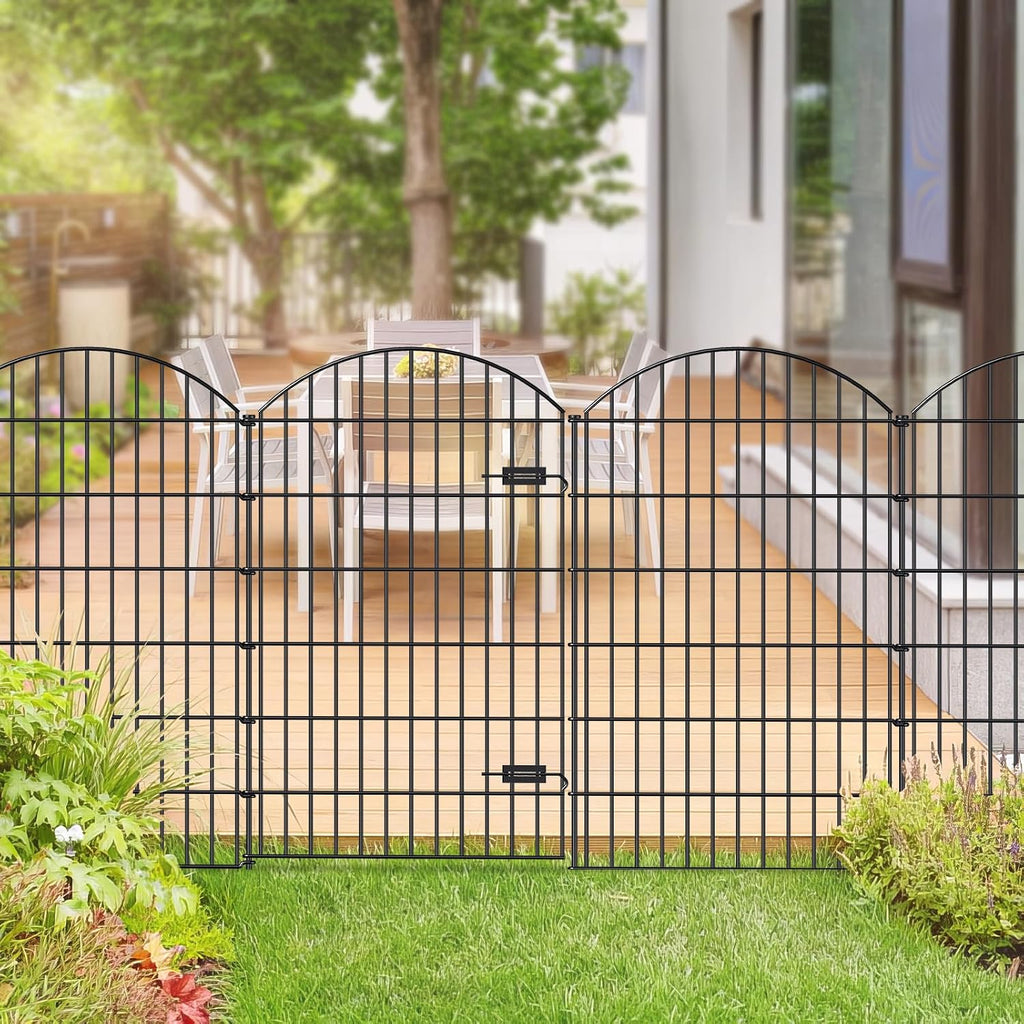 Metal Garden Fence with Gate 48in (H) x 20.3ft (L), 1 Gate+ 7 Panels Dog Fences Border Fence Animal Barrier, No Dig