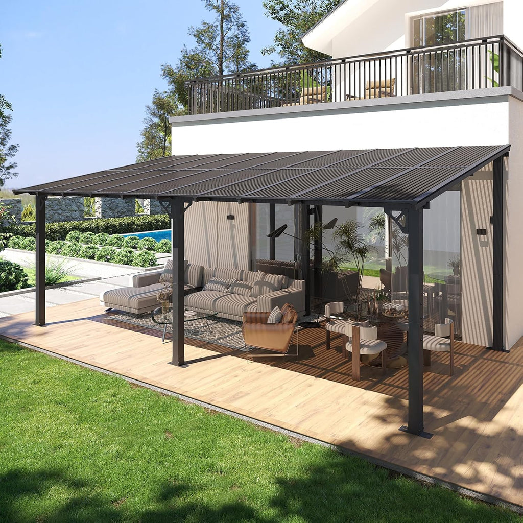 10' x 20' Lean to Gazebo, Hardtop Metal Gazebo Pergola with Polycarbonate Roof, Large Wall Mounted Heavy Duty Awnings