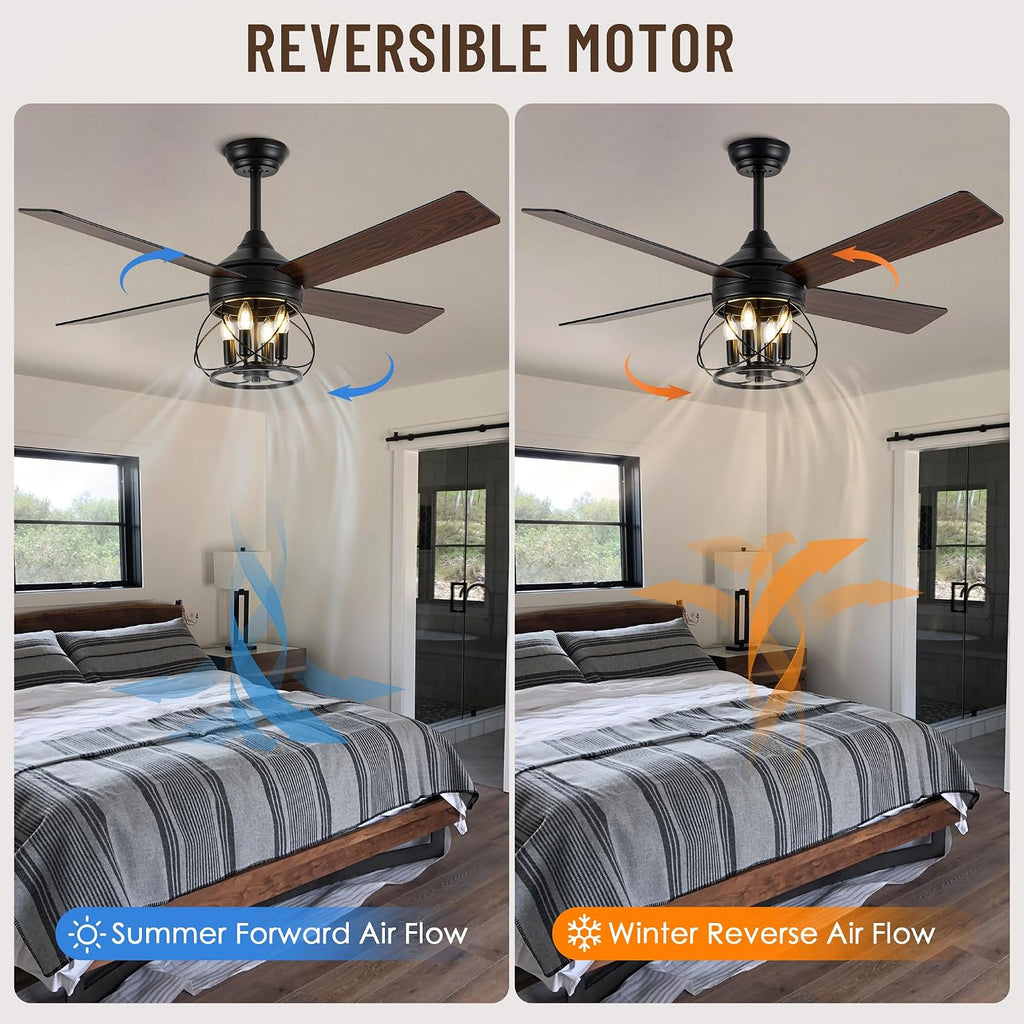 52 Inch Ceiling Fans with Lights, Modern Farmhouse Caged Ceiling Fan, Reversible Motor, 4 Double Finish Wood Blades