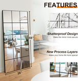 Full Length Mirror, 28"x 55" Window Pane Decorative Mirror for Wall, Black Metal Framed Wall Decor, Wall Mounted