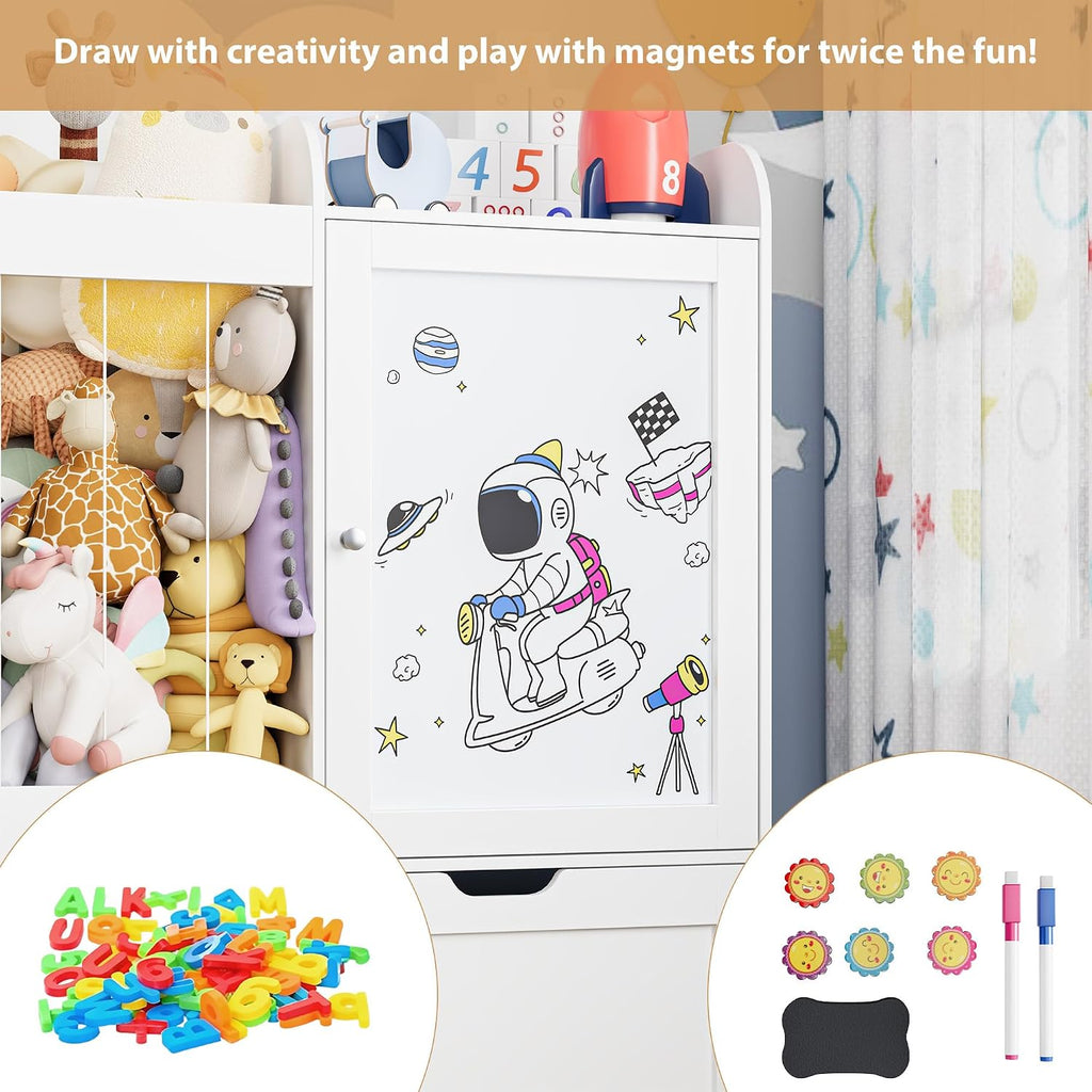 40" Toy Organizers and Storage, Stuffed Animal Holder with Magnetic Drawing Board, Wooden Toy Organizer with 2
