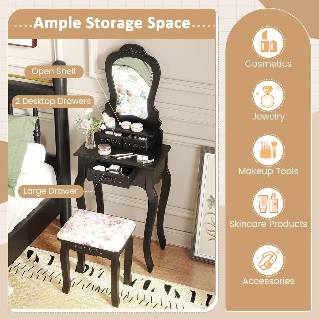 Small Vanity Desk Set, Black Makeup Vanity Table with Mirror, Cushioned Stool, 3 Storage Drawers, 20 inch Girls