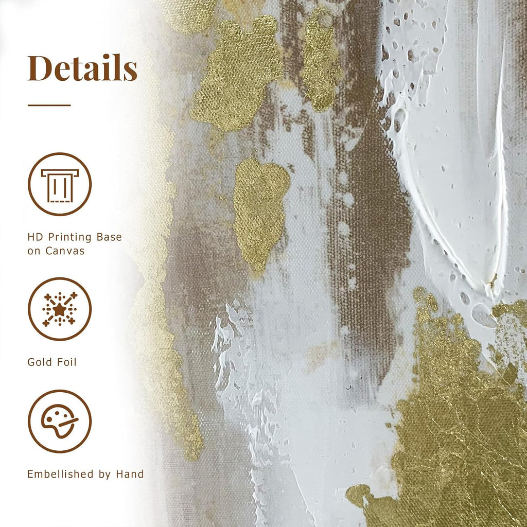 Gold Abstract Wall Art Decor - Framed Texture Paintings Modern Canvas Artwork with Hand-Painted Gold Foil for Modern