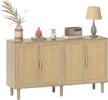 Sideboard Buffet Cabinet, 62" Boho Buffet Table, Rattan Coffee Bar Cabinet with 4 Doors and Shelves for Kitchen
