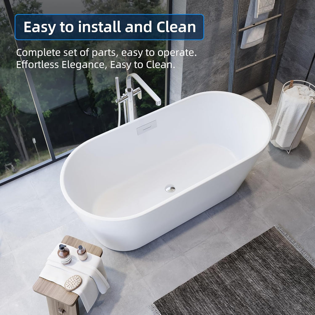 Acrylic Freestanding Bathtub, Deep Soaking Tub with Non-Slip Base, CUPC Certified Free Standing Tub, Chrome Drain