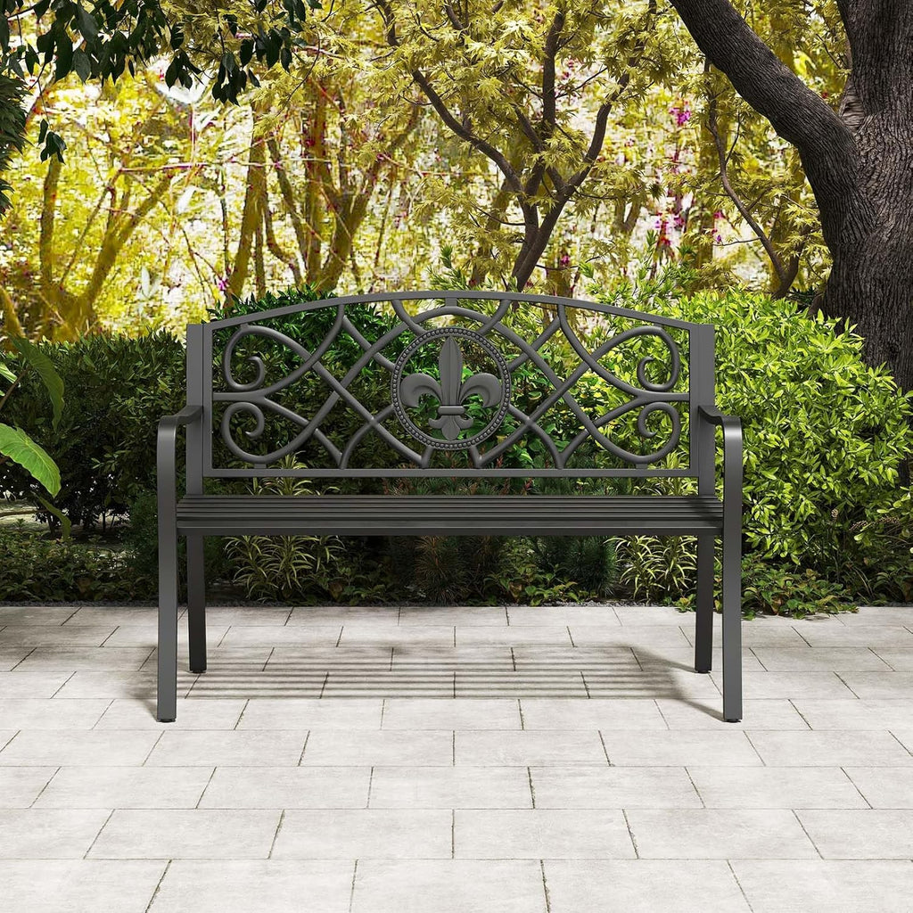 50.5" Outdoor Bench with Metal Frame, Floral Design Cast Iron Backrest, Slatted Seat, Adjustable Foot Pads, Load