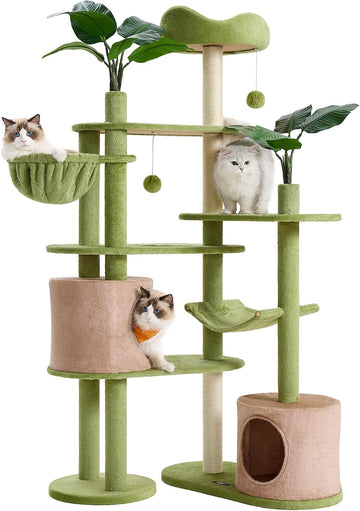 Cat Tree, 68.1-Inch Multi-Level Plush Cat Tower, Artificial Leaves