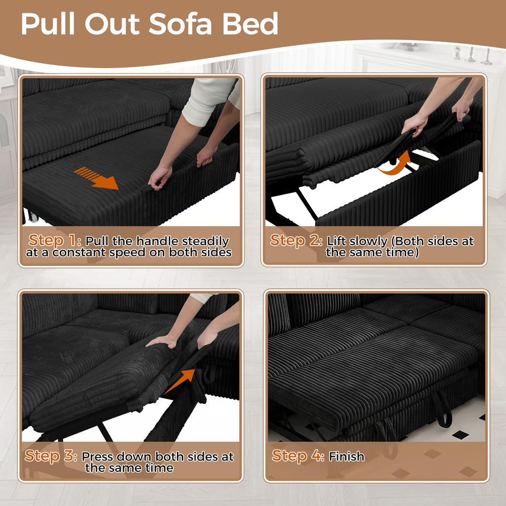 82.5" Pull Out Sleeper Sofa Bed with Storage Chaise, Black