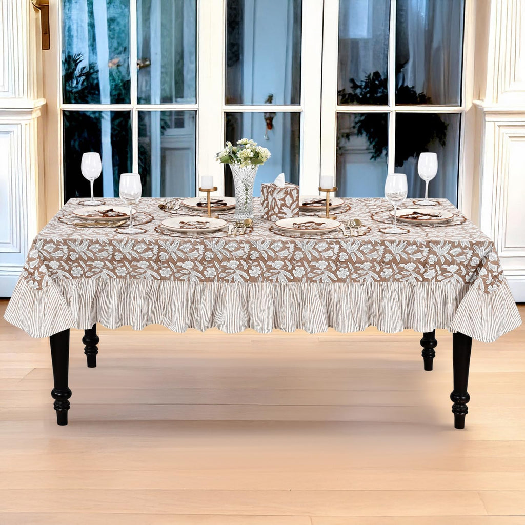 Oak Brown Ruffle Block Print Tablecloth 100% Cotton 60x120 Rectangle Floral Table Cover, Elegant, Vi