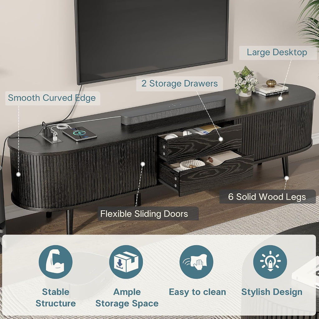69" Mid Century Modern TV Stand with Power Outlet, Farmhouse Curved Edge TV and Media Console Table with Drawer and Shelf, Fluted Entertainment Center for Living Room, Bedroom, Black
