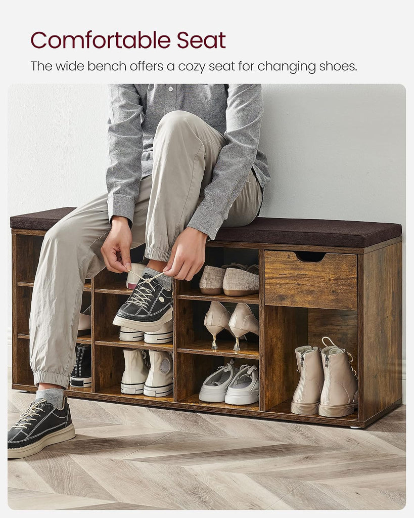 Storage Bench, Entryway Bench with Cushion, Drawer and Open Compartments, Bench with Storage, Living