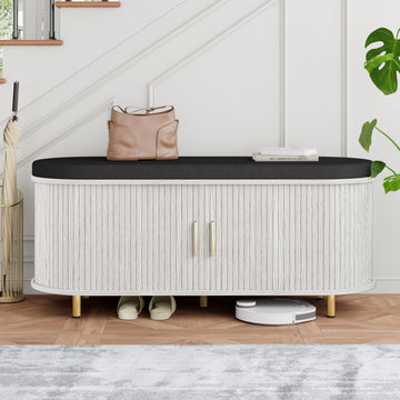 2-Tier Storage Bench, Wide Shoe Bench with Thickened Padded Seat Cushion, Mid Century Modern Fluted Sliding Door and