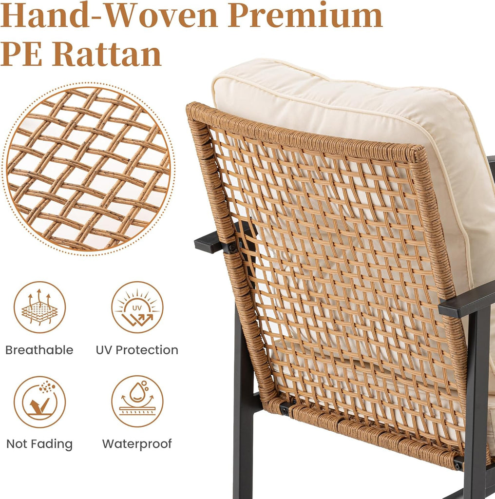 3-Piece Outdoor Rocking Chairs Bistro Set, Rattan Patio Furniture with Thick Warm Beige Cushions & 2-Tier Storage