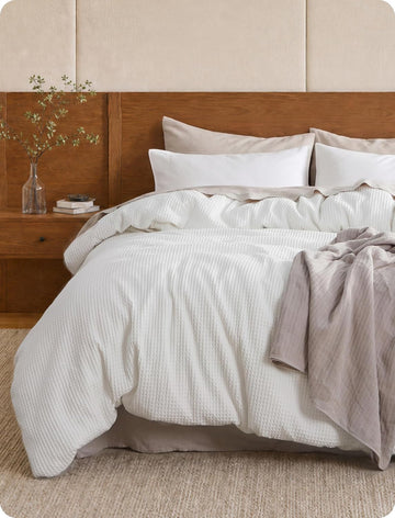 PureWoven 3 Pieces 100% Cotton Waffle Duvet Cover Set, King, Linen - Set of 3