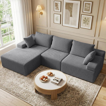 108" Boneless Sectional Couch,Corduroy Cloud Couch Sectional ,Modern L Shaped Modular Sectional Couch,3 Seater Sofa