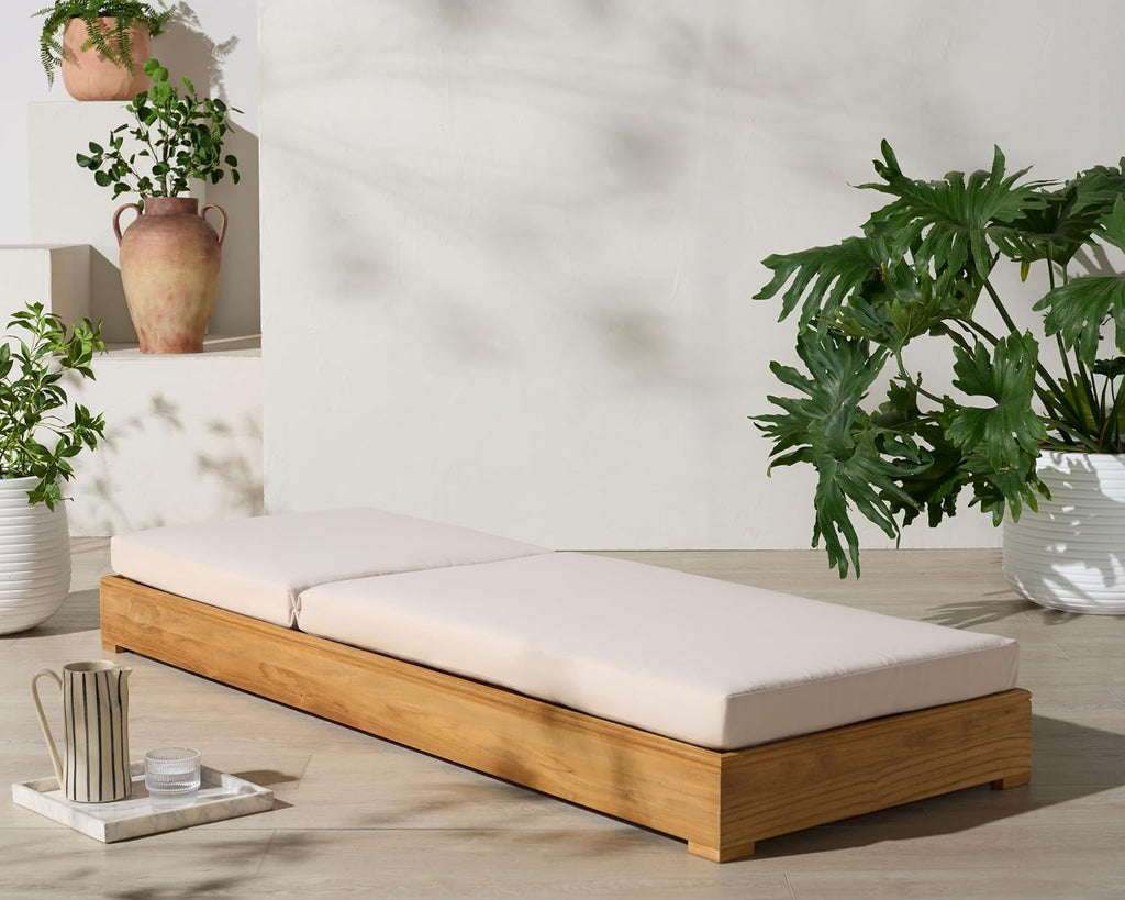 Patio Furniture Collection - Montford Brazilian Teak Chaise Lounge with Beige Cushions, Adjustable