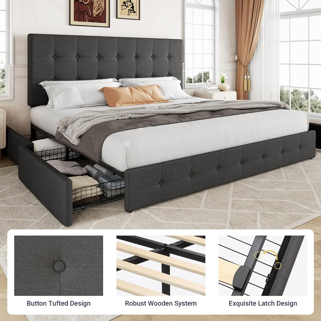 Upholstered King Platform Bed Frame with 4 Storage Drawers and Headboard, Square Stitched Button Tufted