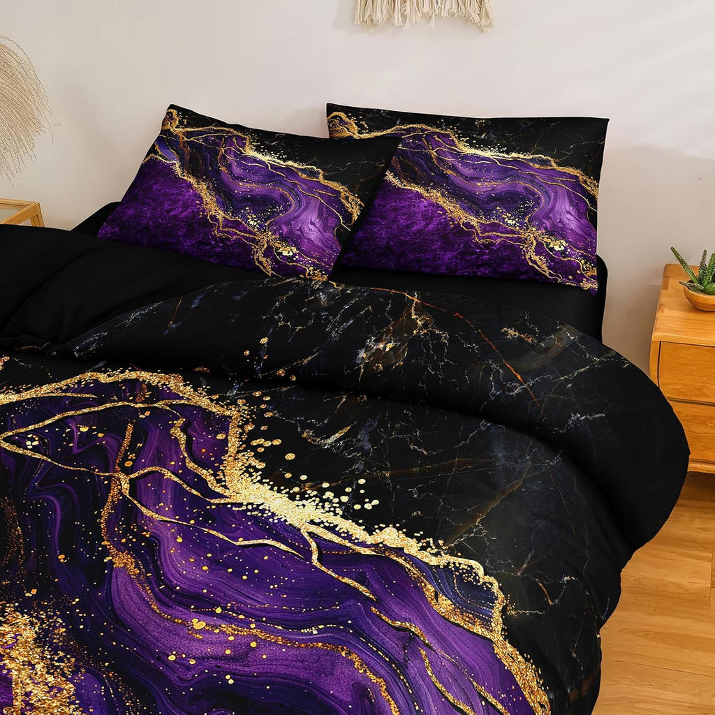 Black Gold Comforter Set Purple Marble Bedding Set Black Marble Stone Abstract Artwork Bedroom Decor Black Marble