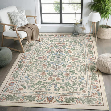 Floral Indoor Entrance 3x5 Area Rug, Washable Vintage Boho Entryway Rugs, Low Pile Non Slip Soft Car