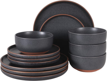 Abbey Circle 12 Piece (Service for 4) Plates and Bowls Reactive Matte Glaze Dishes Stoneware Ceramic Dinnerware Set