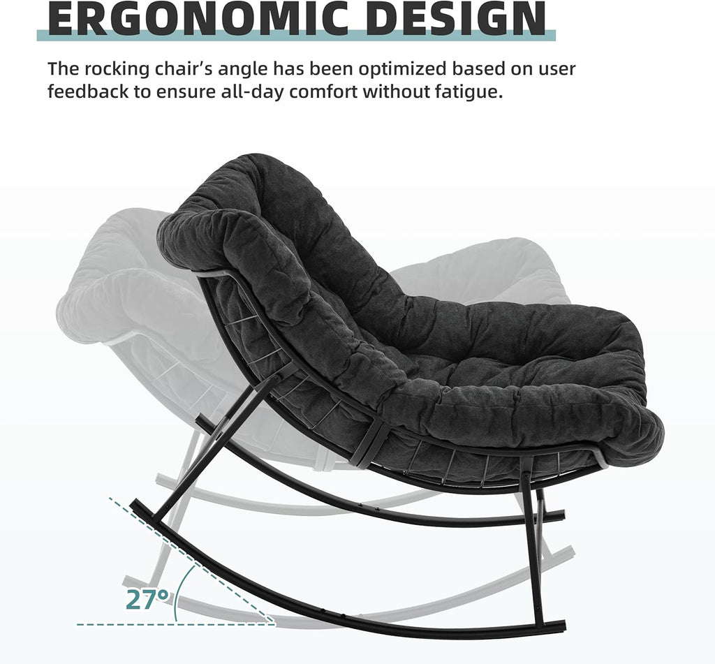 Oversized Papasan Rocking Chair with Cushion, Indoor Outdoor, Dark Grey | Lounge Chair with Cushion, Patio Egg Rocker
