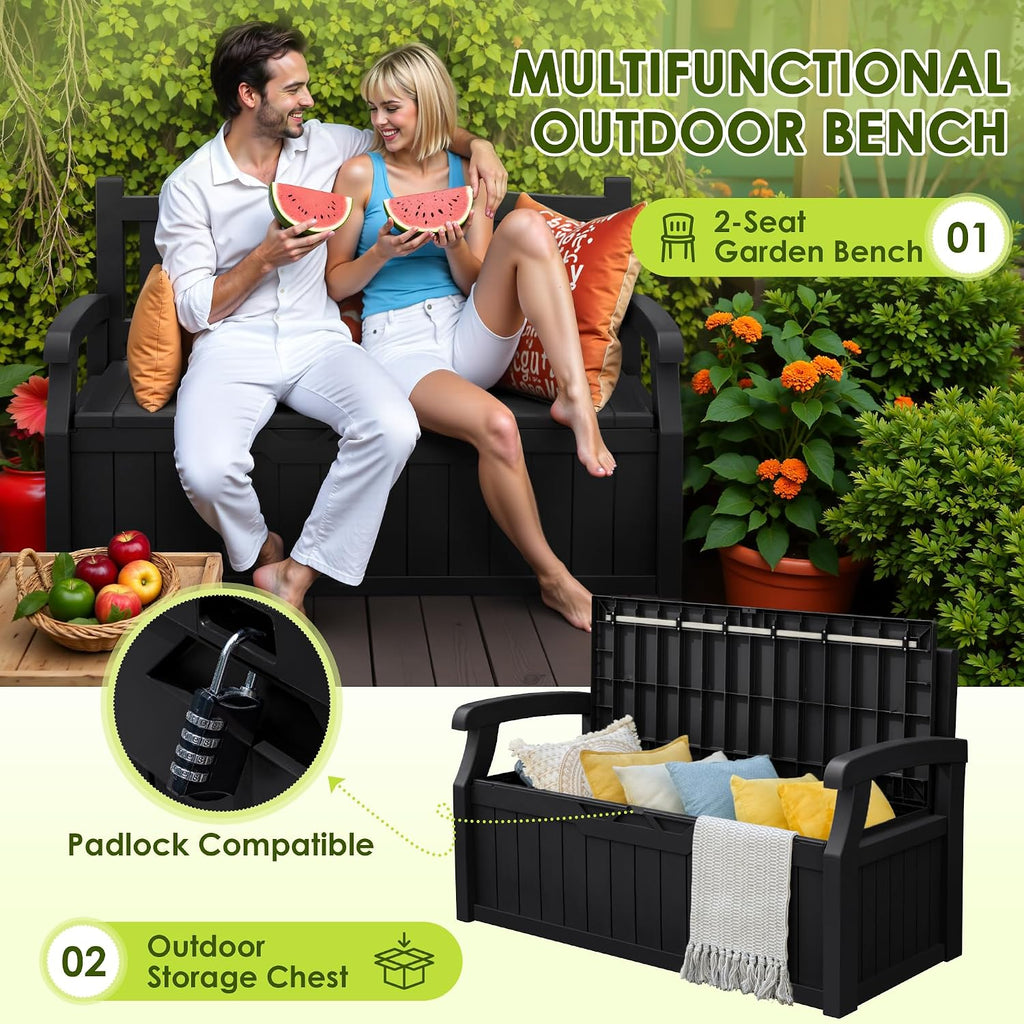 80 Gallon Outdoor Storage Bench, Deck Box, Dark Black | Weather-Resistant Patio Furniture Bench for Backyard, Garden