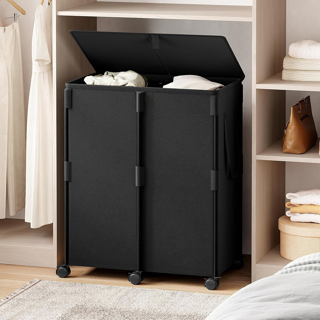 160L Double Laundry Hamper with Lid and 6 Wheels, Rolling Laundry Basket | Metal Frame Laundry Sorter 2 Section with