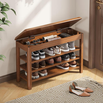 Shoe Rack Bench Seat Rubberwood 3-Tier Wooden Storage Bench 550lbs Compact Mid-Century Modern Design , Closet, Front