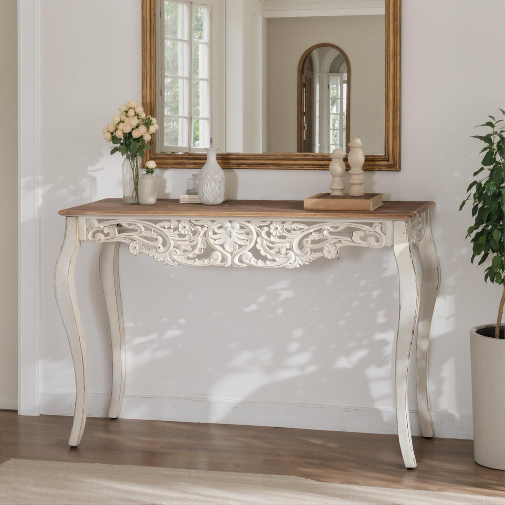 Console Table with Carved Details, 43.31" Long Sofa Table Behind Couch, Vintage French Country Entry Table with Wood