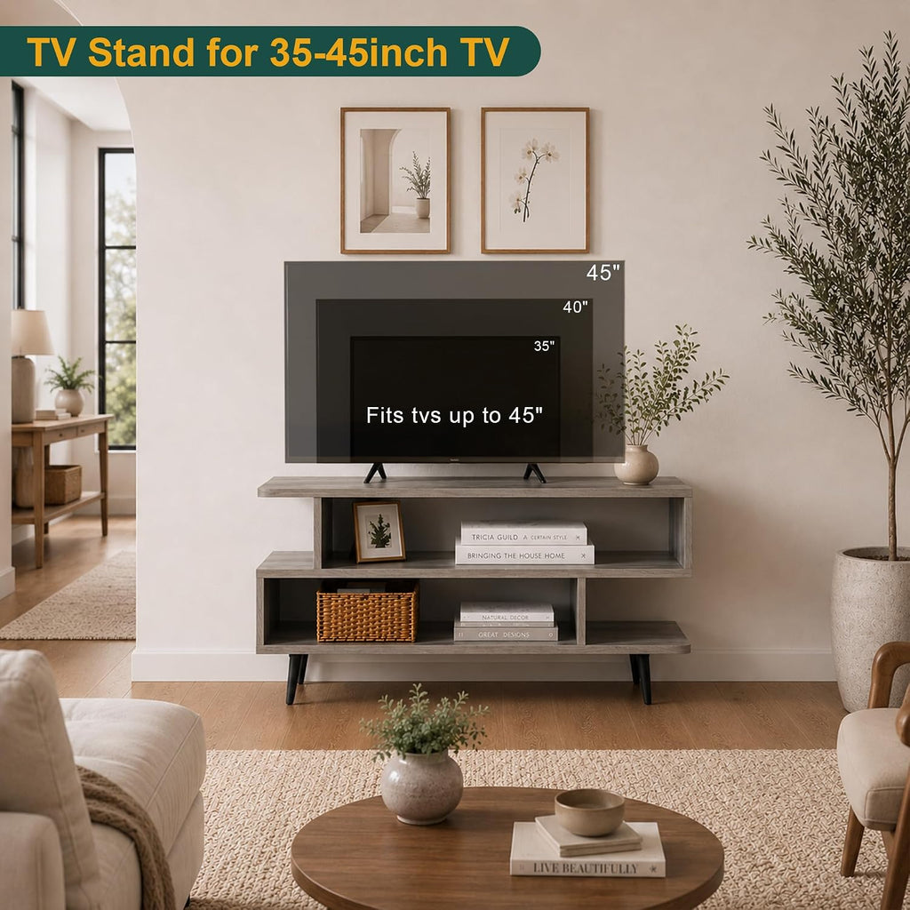 45 inch TV Stand, Mid Century Modern TV Stand, Entertainment Center with 3-Tier Open Storage Shelves, Media Cabinet