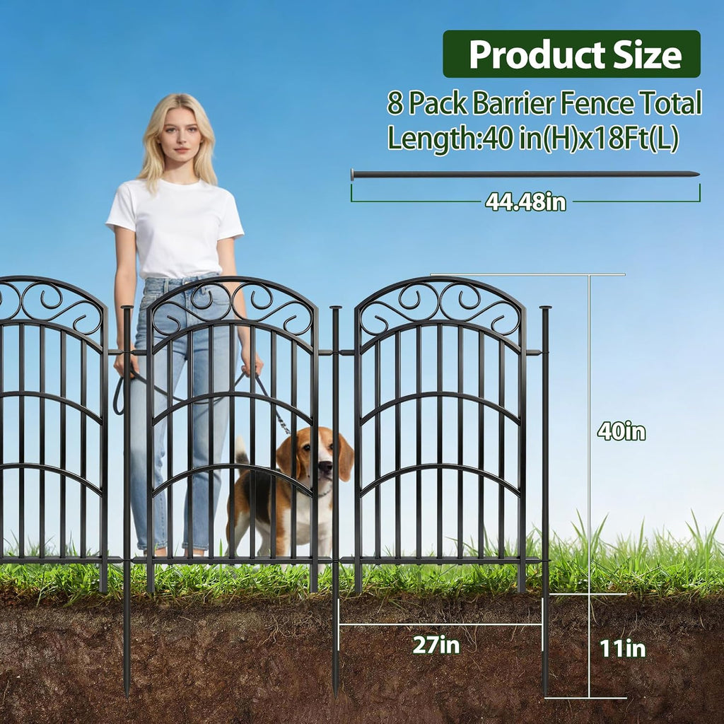 8 Panels Decorative Garden Fence, 40in(H)×18Ft(L) Heavy Duty Metal Outdoor Dog Fence Rustproof Square Tube No Dig