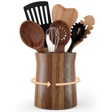 Utensil Holder, Acacia Wood Utensil Holder Counter, 360° Rotating Cooking Utensil Crocks for Countertop, 7.2" Large