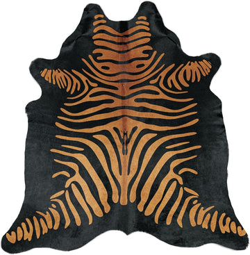 100% Genuine Zebra Print Brown Stripes on Black Cowhide Rug - Modern Style Brazilian Animal Skin Rug & Floor Carpet &