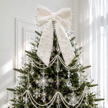 Pearl Bow Christmas Tree Topper Elegant White Xmas Decoration