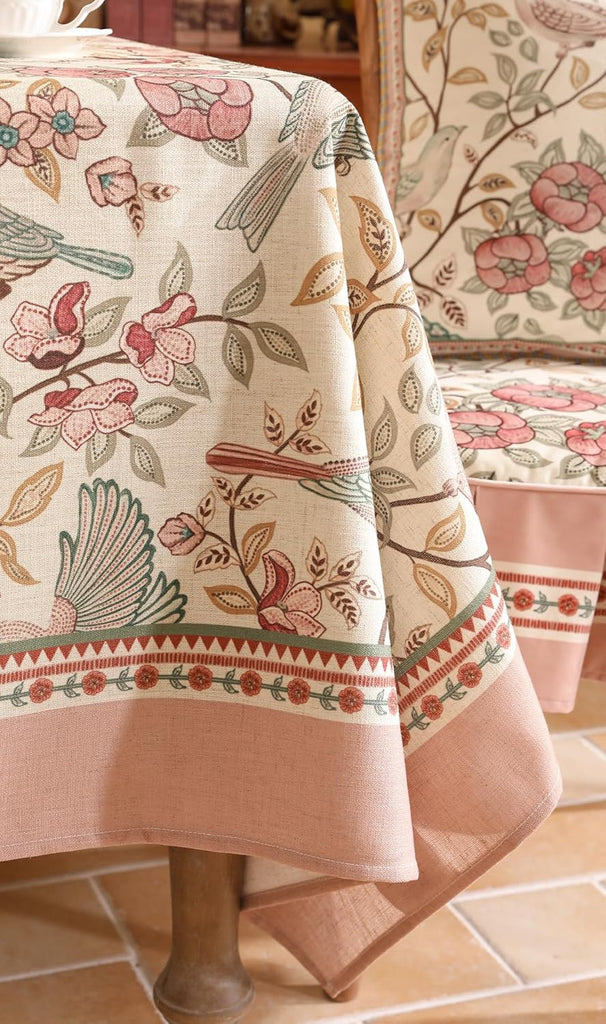 Designer Pink Linen Table Cloth for Rectangle Table,Vintage Floral with Birds Pattern Decorative Tab