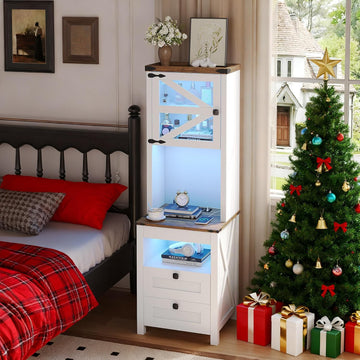 Tall Nightstand with Gun Drawer, LED Lights&Charging Station, Farmhouse | Adjustable Shelves, USB & Type-C Charging