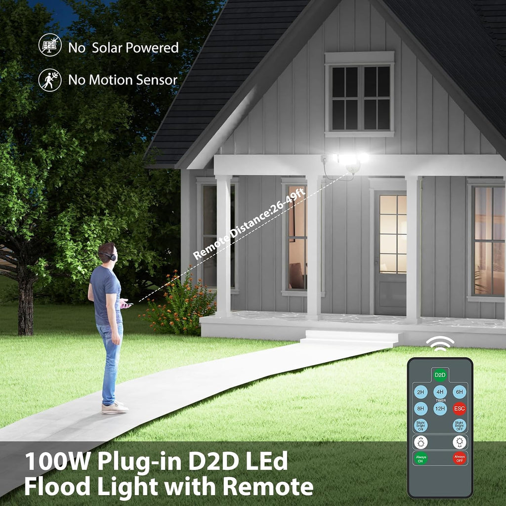 Dusk to Dawn Outdoor Lighting, Plug in Flood Light, Remote, Black | 100W 10000LM LED Security Light with Photocell, 2