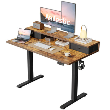 Electric Standing Desk with Drawers & Shelf, 48*24", Rustic Brown