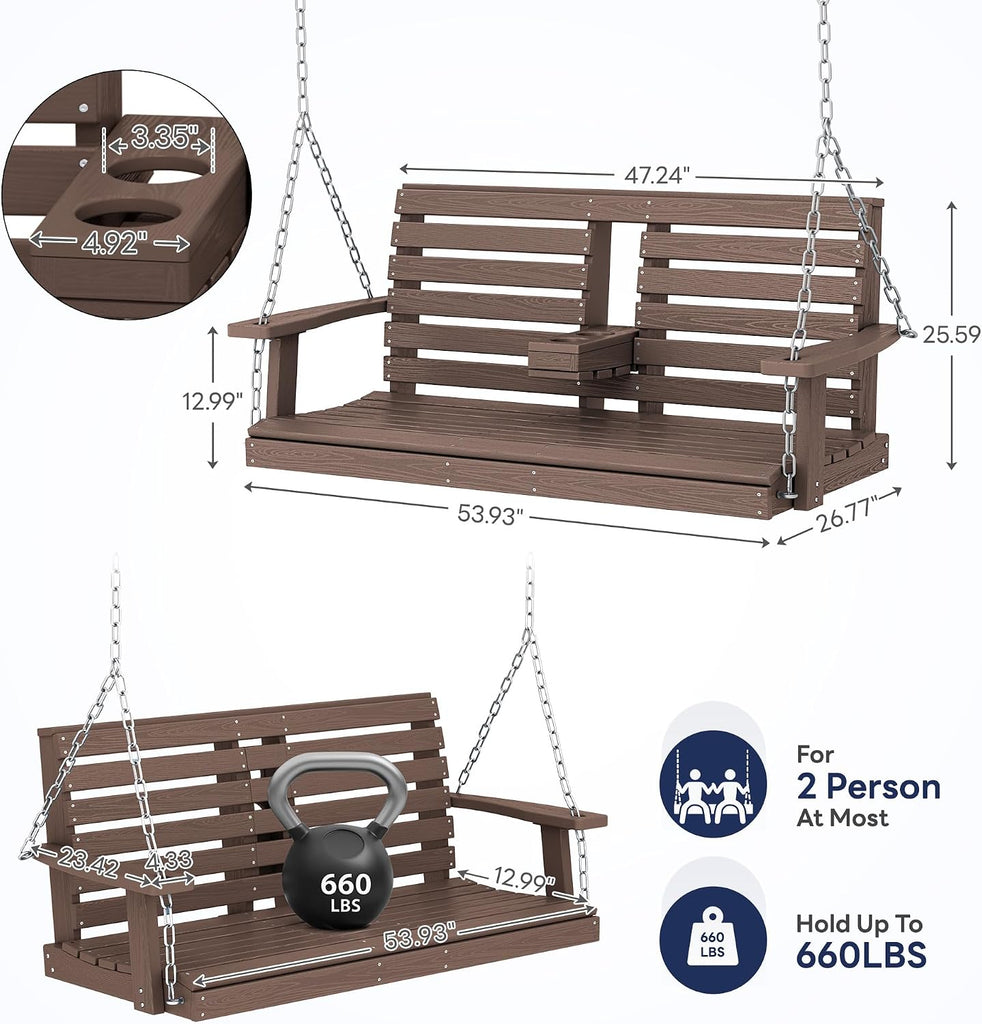 Outdoor Hanging Porch Swing, Waterproof Swing with Cup Holders for Courtyard & Garden, 660LBS Weight Capacity, White