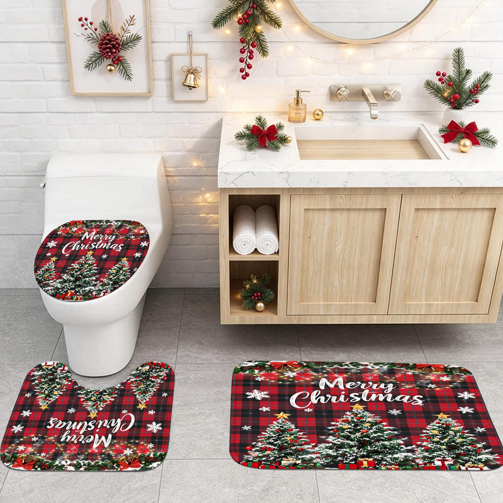 4Pcs Christmas Set Red Buffalo Plaid Bathroom Set