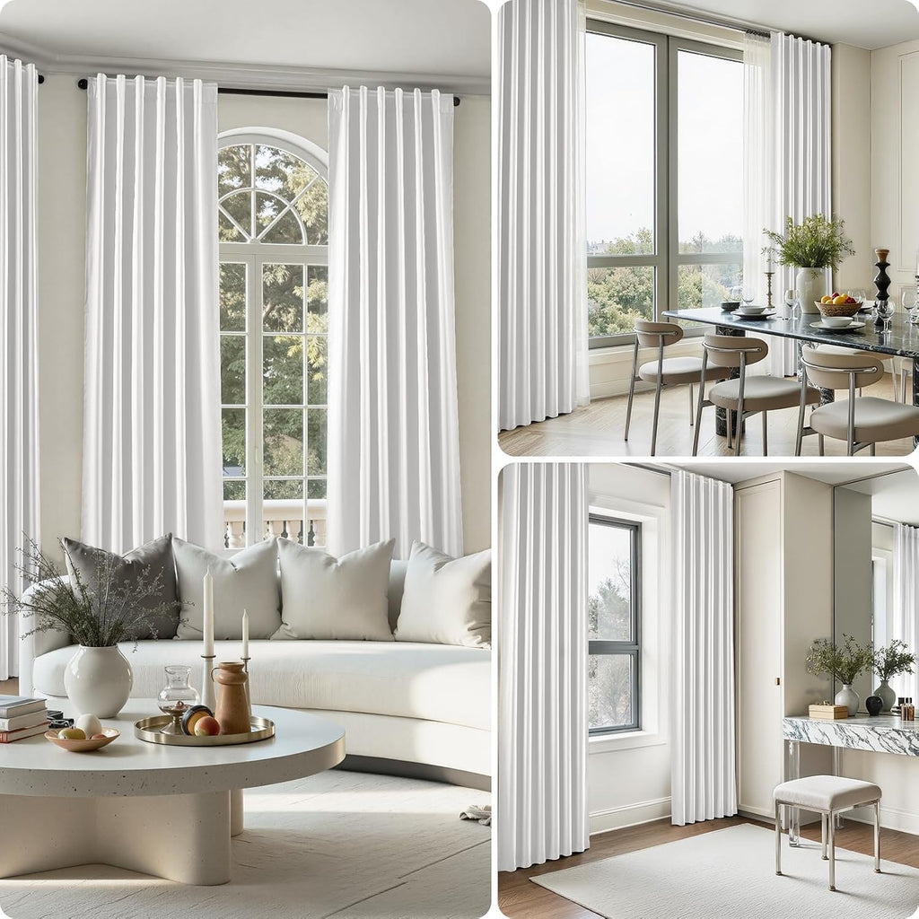 100% Blackout Faux Silk Curtains,Greyish White Noise Reduction Thermal Insulated Room Darkening Window Drapes, Luxury (2 Panels)
